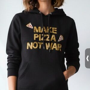 Bow & Drape Black Hoodie with Gold and Red sequin Accents. EUC